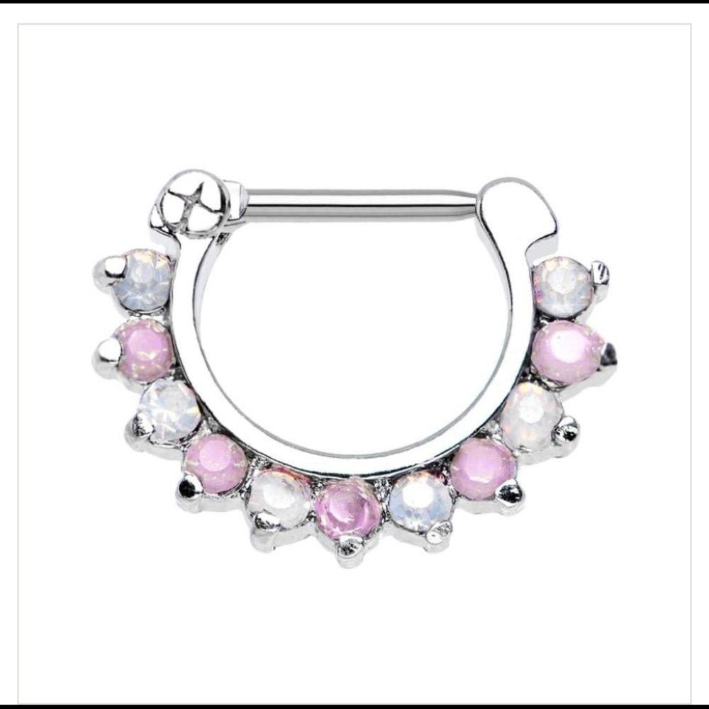 16Gauge 5/16 Faux Opal and Pink Gem Septum Clicker